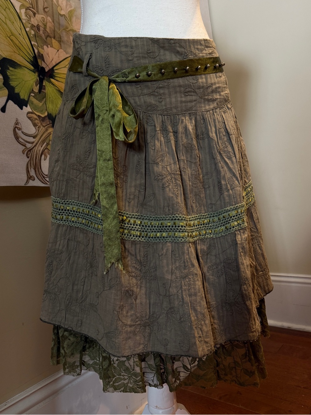 Olive Green Layered Boho Skirt with Tie Waist